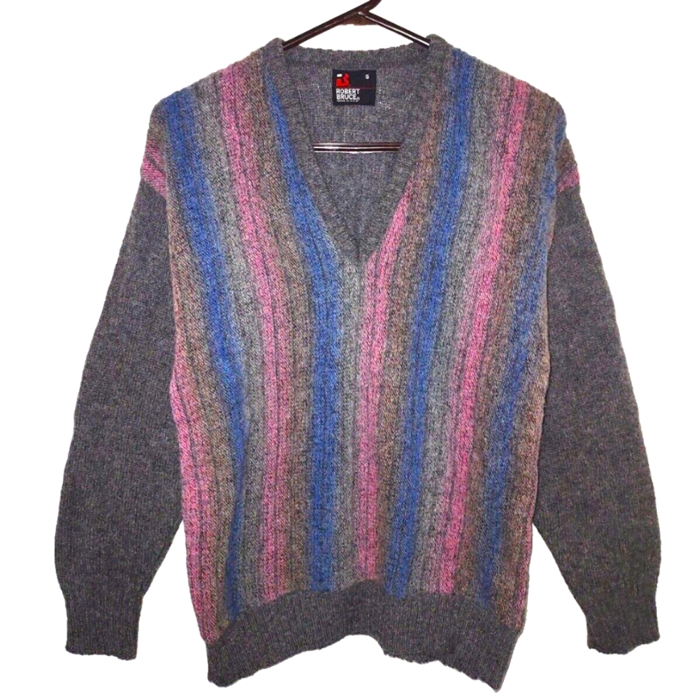 Vintage Robert Bruce Wool V-Neck Multicolor Made in USA Sweater Men's Size Small
